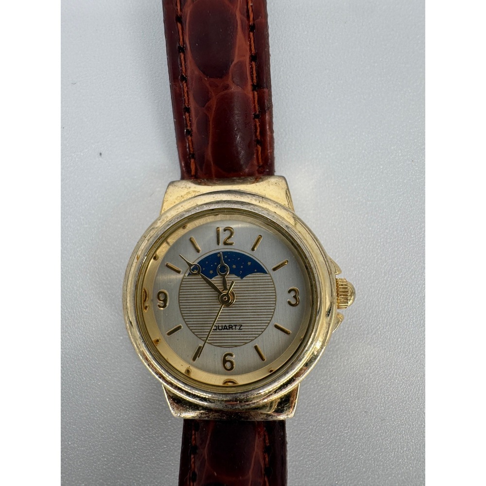 Vintage 90s Moon Phase Watch Gold Leather Celestial Dark Academia Whimsigoth